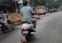 ದ್ವಿಚಕ್ರ ವಾಹನಕ್ಕೆ ನಾಯಿಯನ್ನು ಕಟ್ಟಿ ಎಳೆದುಕೊಂಡು ಹೋದ ವ್ಯಕ್ತಿ – ಸಾರ್ವಜನಿಕರ ಆಕ್ರೋಶ